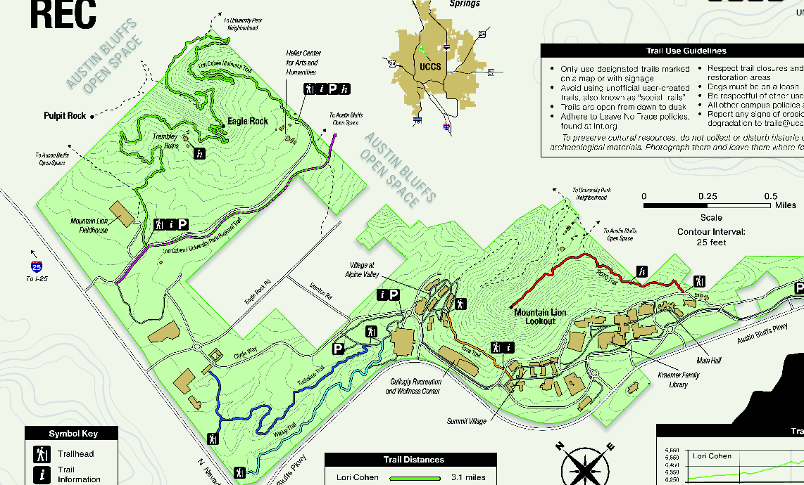 UCCS Campus Trail System map, numbered 1 through 6 matching the list below