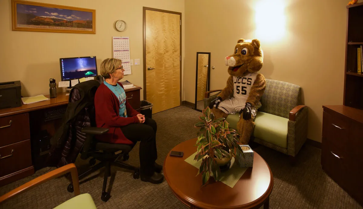 Clyde the Mountain Lion utilizing UCCS' COVID mental health resources.