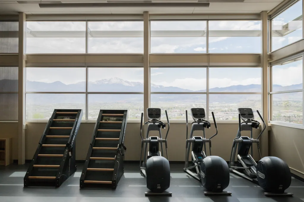 rec equipment facing mountain views