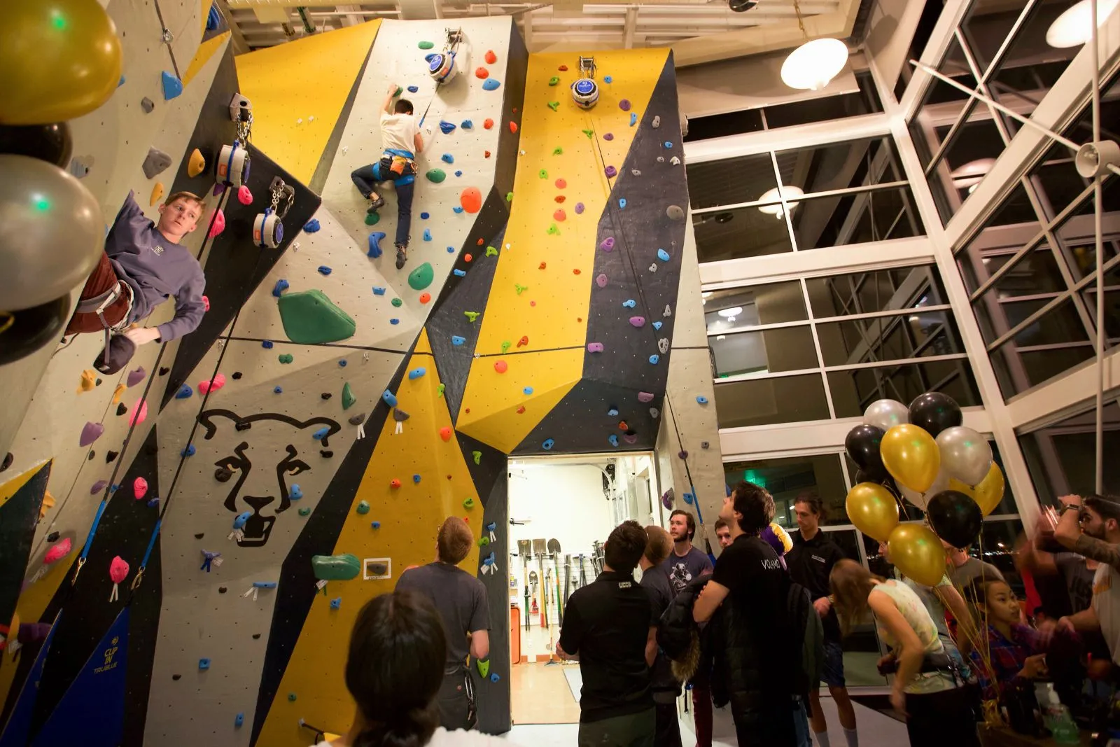students in the rock climbing wall room